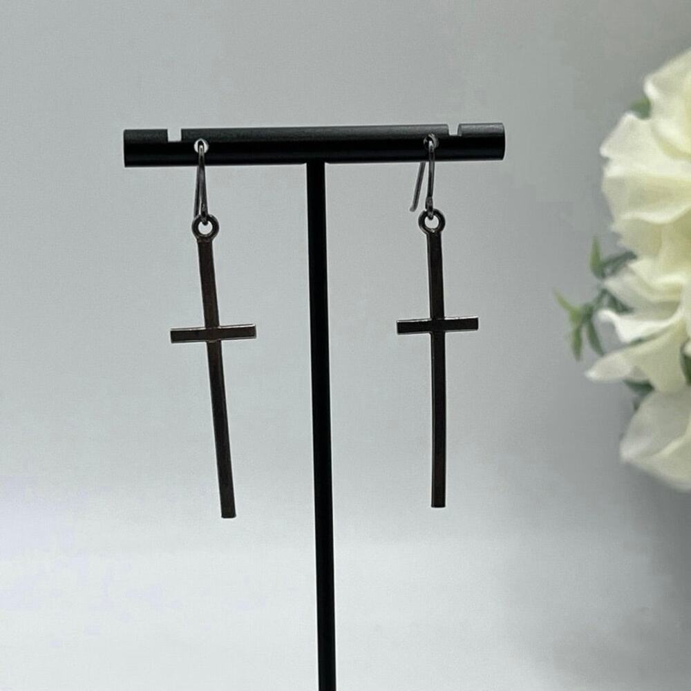 Sterling Silver 925‎ Thin Long Cross Dangle Earrings